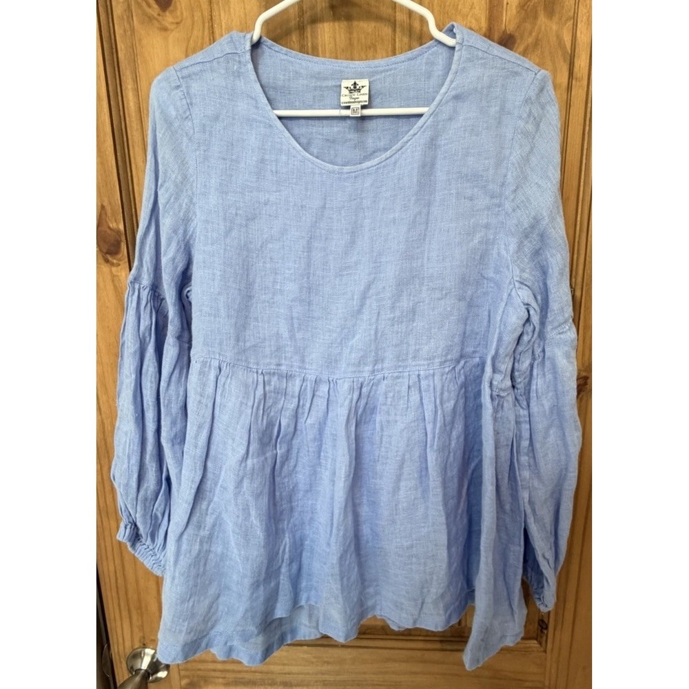 Crown Linen Designs Blue 100% Linen Peasant Top Medium Boho Balloon Sleeve